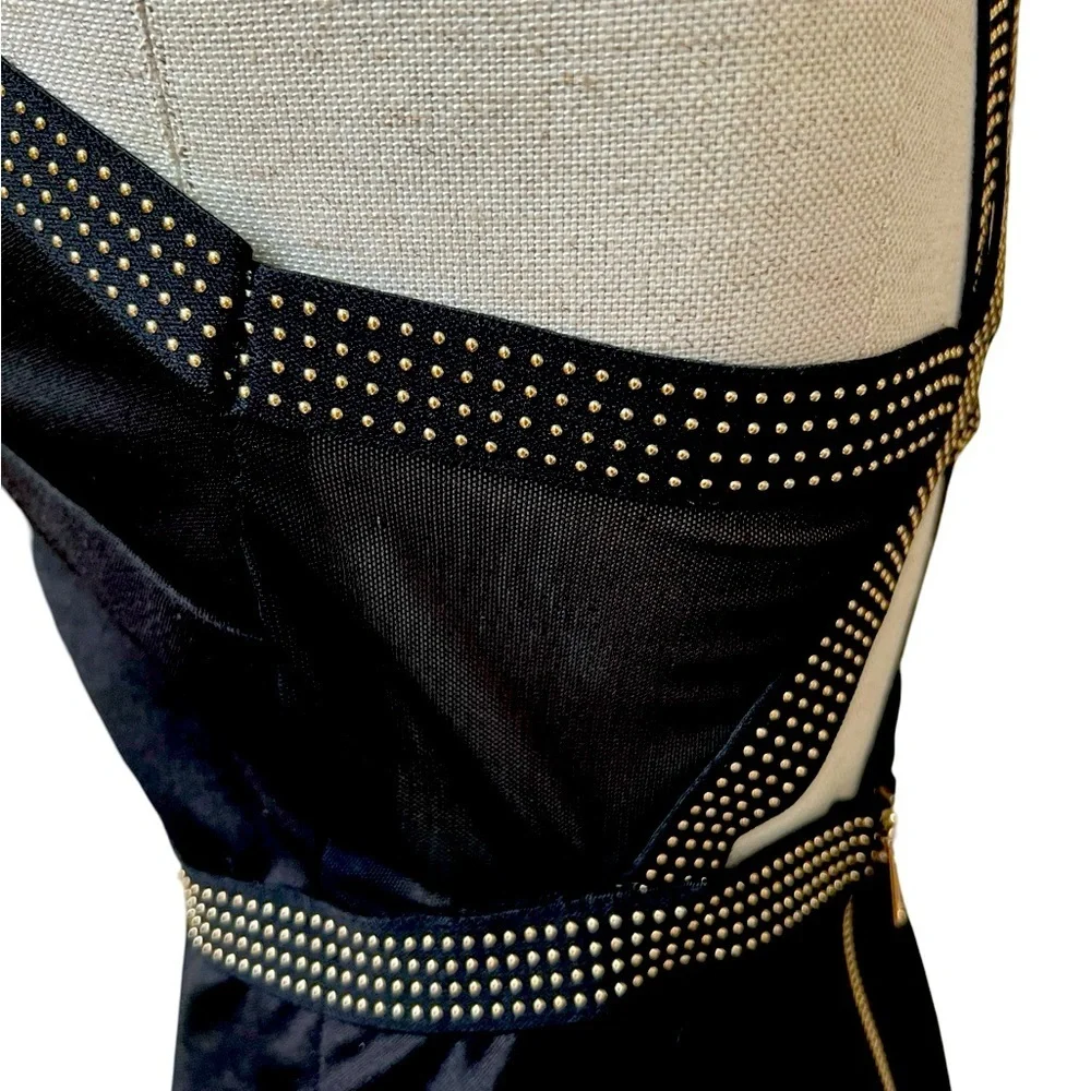 Forever 21 Black Halter Bodycon Mini Dress Gold Accents & Zipper Cut-Out Back -S